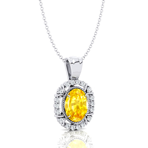 Collier à pendentif de style Halo en forme de saphir jaune naturel de forme ovale orné de vrais diamants en or massif 18 carats - Product Image 1