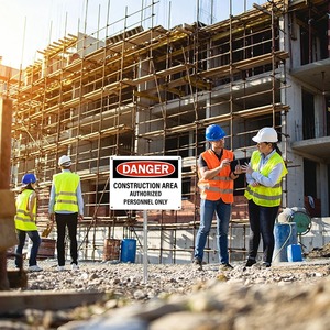 Etiqueta de Seguridad de Área de Construcción en Peligro, Rectangular, de PVC, Resistente a Desgarros y Humedad, 12x9, Advertencia Industrial - Product Image 1