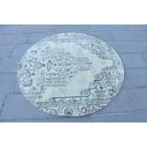 Alfombra Turca Redonda de 4.8x4.8 pies, Alfombra de Lana con Puntos Azules y Grises - Product Image 4