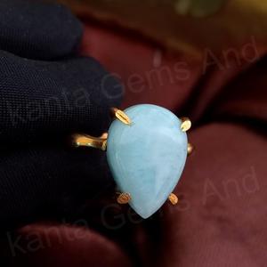 แหวนเงินแท้ประดับลาร์ิมาร์แคริบเบียนธรรมชาติสำหรับผู้ชาย ขนาด 10x14 มม. ประดับเพชรซิร์คอน ชุบโรเดียมและทอง 22K รูปทรงหยดน้ำแบบหนามเตย - Product Image 3