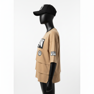 Chemise double couche en coton premium pour femmes, tissu doux et respirant, couleur beige, panneau superposé, logo personnalisé, chemises double couche en coton - Product Image 3