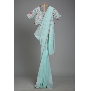 Venta caliente Diseñador de lujo Georgette Saree Impresión digital con bordado de lentejuelas Trabajo para mujeres Boda india y desgaste de fiesta - Product Image 5