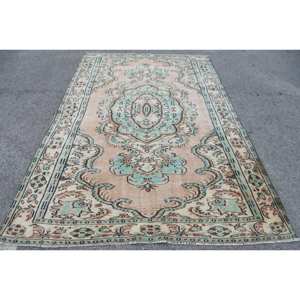 Tapis Turc Vintage Beige Vert 5.8 X 9.2ft Laine Tissage Plat Patchwork Motif pour Salon Décor 4m Largeur avec Support en Latex - Product Image 1