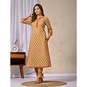 Ensemble ethnique Kurta et pantalon en coton imprimé au bloc Mehendi avec bandana - Product Image 4