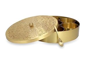 <b>Engraved</b> Brass Masala Dani Spice Box Metal Container Rack With Spoon for Indian Tableware Herb & Spice <b>Tools</b> - Product Image 6