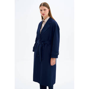 Manteau Trench Croisé Bleu Marine avec Épaulettes en Cuir Décontracté Grande Taille pour Automne Hiver - Product Image 4