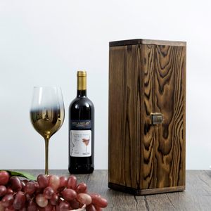 Rustic Burnt Dark Brown Solid <b>Wood</b> Single Wine Bottle Holder, Decorative Gift Box <b>Chest</b> with Antique Brass Tone Metal Latch - Product Image 2