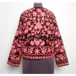 Handmade Vintage Winter Velvet Jacket with Floral Embroidery O- Neck Suzani-Style Border Length <b>Wool</b> Lining Breathable - Product Image 5