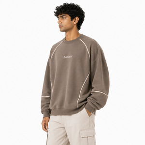 Wholesale Men's <b>Brown</b> Crewneck <b>Fleece</b> Sweatshirt Contrast Piping Casual Pullover Custom Logo Streetwear OEM Private Label Hoodie - Product Image 3