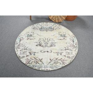 Alfombra Turca Vintage, Redonda de 4x4 pies, Alfombra de Lana con Diseño de Parches Blancos y Azules - Product Image 3