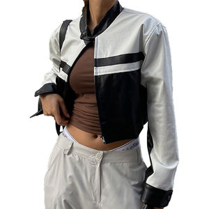 Nouvel arrivage d'automne Streetwear Vêtements d'extérieur contrastés Femme Voiture de course Moto Motard recadrée Vestes en cuir pour femmes OEM - Product Image 6