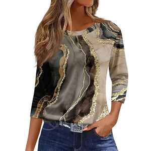 เสื้อยืดแฟชั่นลำลองสำหรับผู้หญิงคอกลมแขน3/4 2025ทรงหลวมพิมพ์ลายสำหรับฤดูใบไม้ร่วงฤดูใบไม้ผลิฤดูร้อน - Product Image 1