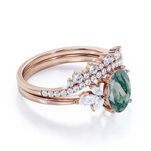 Bague d'éternité de mariée en agate verte mousse et diamant coupe ovale en argent sterling 925 Bague de fiançailles en agate mousse diamant - Product Image 3