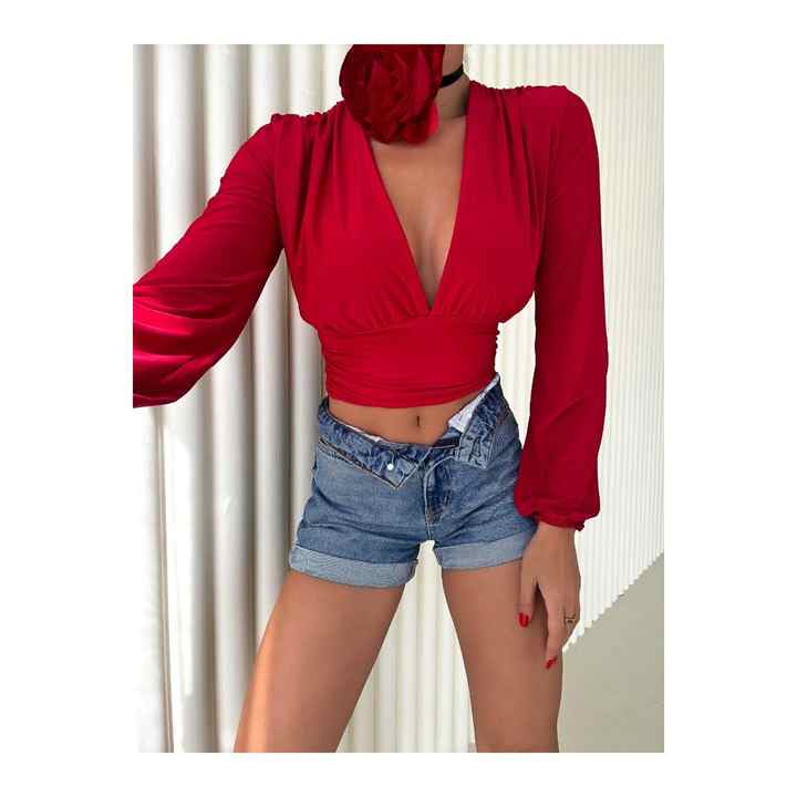 Vanezya Fabric V-Neck Blouse-White