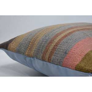 Alfombra de lana Kilim Beige a rayas sutiles, almohada de 16x36 pulgadas, patrón Vintage tejido a mano - Product Image 5