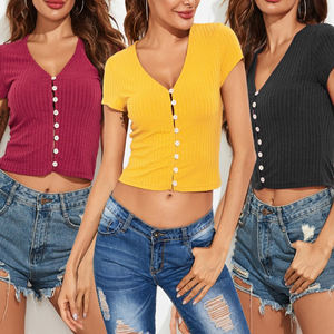 เสื้อยืดเอวลอยแฟชั่นสำหรับผู้หญิงเสื้อครอปเอวลอยเซ็กซี่กระดุมน่ารักออกแบบได้ตามต้องการราคาขายส่ง - Product Image 1