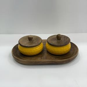 Decorative Enamel Classic Design <b>Iron</b> Bowls with Wooden Lids and Serving Tray, Yellow, Set of 2, 250ml - Product Image 3