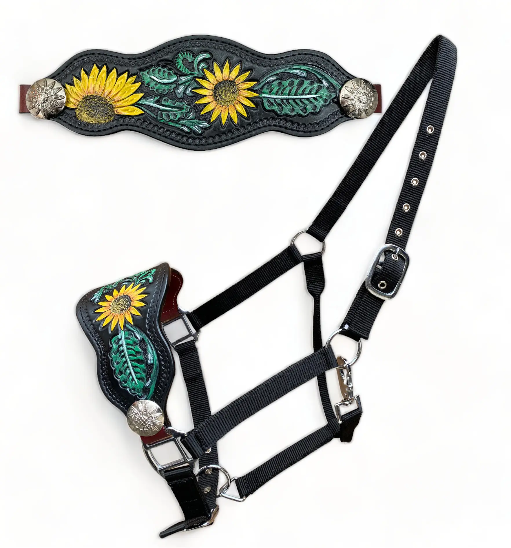OEM Western Equine Horse Hand Tooled Argentina Cow Leather Bronc Halter Sunflower Carving Adjustable Nylon Straps Head Collar