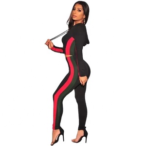 Conjunto de 2 piezas sexy de estilo informal personalizado para mujer al por mayor, Top corto con capucha y pantalones para correr, tejido de punto, chándal activo - Product Image 1