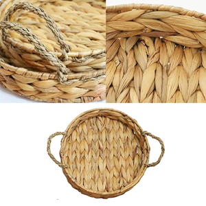 ชุดถาดเสิร์ฟทรงกลมผักตบชวาทำด้วยมือถาดทอ3ชิ้นสำหรับอาหารตกแต่งและจัดเก็บพร้อมที่จับปอกระเจา - Product Image 2