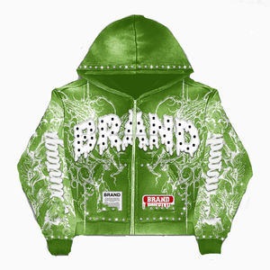 Sudadera con Capucha para Hombre, 100% Algodón, con Cremallera Desgastada, Estampado de Logotipo Personalizado, con Pedrería, Estilo Urbano, Lavado Ácido - Product Image 3