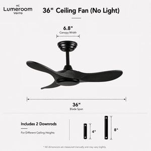36 Inch Black Ceiling Fan Without <b>Light</b>, 3 Solid Wood Blades, Downrod Mount, Reversible DC Motor with <b>Remote</b> <b>Control</b> for Bedroom - Product Image 5