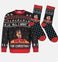 Ensemble pull et chaussettes de Noël pour homme FNJIA, noir et rouge, tricot jacquard, pull pour femme, renne, flocon de neige, vente en gros OEM pour les fêtes