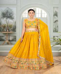 Precio al por mayor de moda XXL Georgette bordado volante trabajo Lehenga Choli Dupatta estilo pakistaní desgaste de fiesta Ropa Étnica - Product Image 1