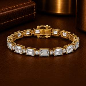 Bracelet tennis en diamant de laboratoire taille émeraude DEF VVS avec diamants ronds d'appoint, or jaune 14 carats, bijoux fins pour cadeau de mariage - Product Image 1