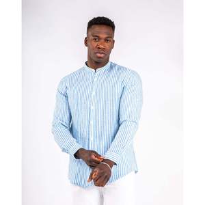 Camicia da uomo in lino a righe blu ad alte prestazioni, in fibra naturale, riciclabile, biodegradabile, con colletto a bottoni, casual, traspirante, intera - Product Image 1