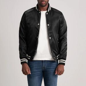 Noir Satin Varsity Bomber Veste Rétro Baseball Style Léger Unisexe Streetwear Classique Collège Coupe-Vent Manteau - Product Image 2