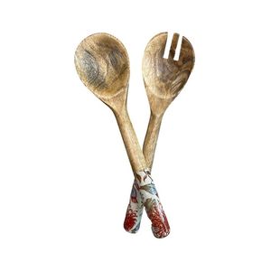 Super Offer Mango Wood Enamel Salad Server Set Elegant Home Restaurant Tableware Decoration <b>Flatware</b> for Weddings - Product Image 3