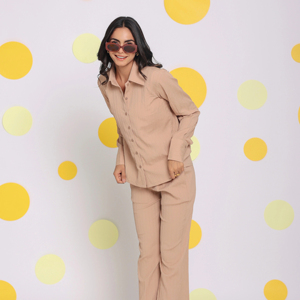 ชุดผ้าฝ้ายโพลีคอตตอนลายตะวันตกสีเบจเป็นมิตรกับสิ่งแวดล้อมเสื้อผ่อนคลายผูกเอวเข็มขัดตกแต่งกระเป๋าธรรมชาติ - Product Image 1