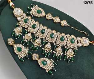 Chapado en oro antiguo hermoso impresionante Kundan cristal colgante gota gargantilla boda collar joyería con pendientes y Mangtika mujeres - Product Image 5