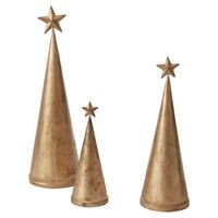 Ensemble en métal antique en laiton de 3 arbres de Noël en forme de cône simples pour la décoration de Noël dessus de table utilisé