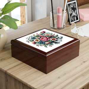 Floral Jewelry <b>Box</b>, Organizer Case for Rings, Earrings, Bracelets, Trinkets, <b>Wooden</b> <b>Keepsake</b>, Decorative Gift Storage Container - Product Image 1