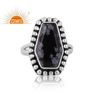 Meilleure vente Flocon de neige en argent sterling oxydé Obsidienne Gemme Cercueil Design Bague empilable Fabricant de bijoux personnalisé - Product Image 3