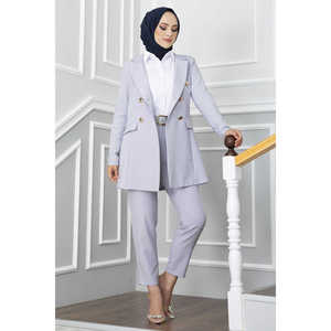 Conjunto de hiyab con detalle de pañuelo en el cuello, estilo oficinista, en gris - Product Image 6