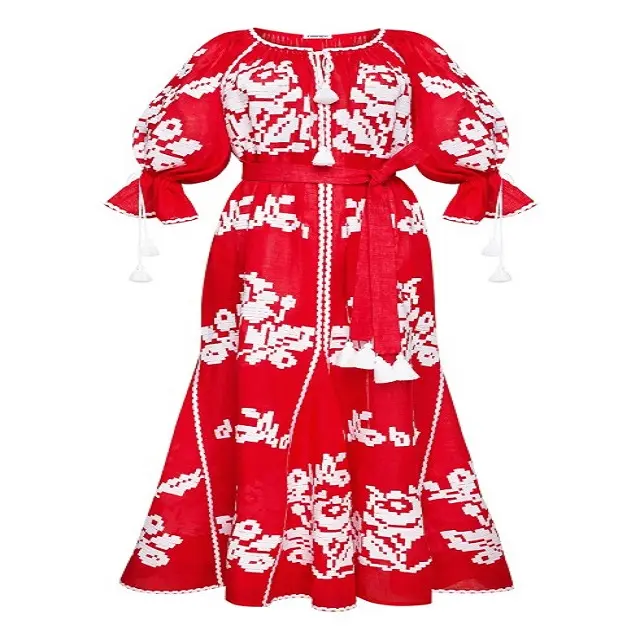 우크라이나 Maxi Bohe 드레스 여성 플러스 사이즈 긴 여름 드레스 비치웨어 의류 튜닉 자수 그리드 여성 판매