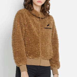Sweat à capuche Sherpa zippé d'hiver à manches longues pour femmes en design personnalisable de grande taille avec col à capuche avec logo avant - Product Image 2