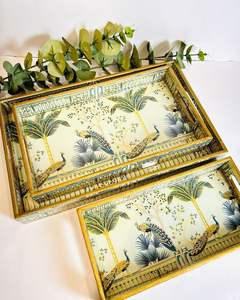 Juego de bandejas de servir de madera artesanales de primera calidad con arte mogol, 3 piezas, rectangulares, decorativas, con borde dorado, para decoración del hogar y la oficina. - Product Image 5