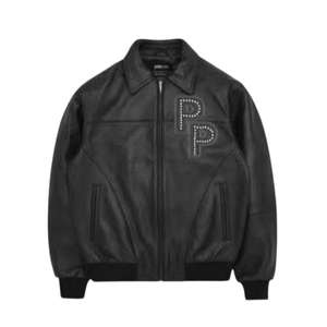 This is a Pelle Pelle Stones Leather Varsity <b>Jacket</b> in <b>black</b> genuine leather with rhinestone-studded double on the chesT - Product Image 1