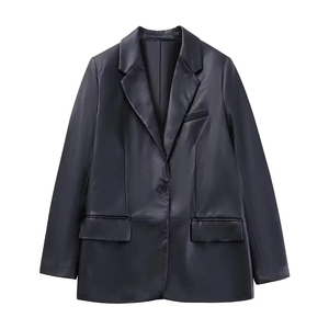 Vêtements d'extérieur vintage pour femmes, blazer décontracté en cuir de vache avec manches longues et poche plaquée, traitement collé avec service OEM - Product Image 1