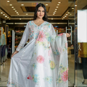 ชุดเดรสปักลายสไตล์ anarkali อินเดียสำหรับผู้หญิงชุดเดรสผู้หญิงสไตล์อินเดียชุดซาลวาร์คอตตอนแบบดั้งเดิม - Product Image 1