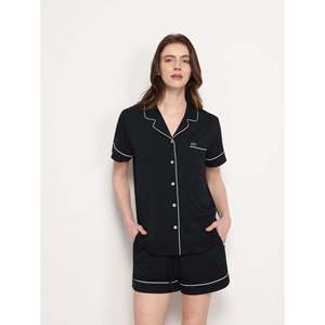 Conjunto de Pijama de Verano para Mujer, de Algodón de Bambú, Manga Corta, Pantalones Lisos, Cintura Elástica, Cuello en V, Personalizable, Ropa de Dormir - Product Image 3