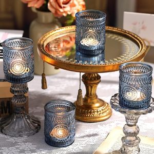 Bougeoir en verre de conception traditionnelle bleu ciel bouche large base à fond droit bocaux en verre pour la décoration de bougie indien - Product Image 3