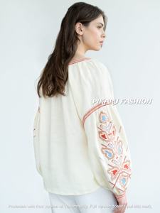 Blusa de Lino 100% para Mujer, Bordada, Tejida, Cintura Alta, Bordado de Alta Calidad, Manga Larga, Cuello en V, Informal, Formal, Verano, Moda - Product Image 4