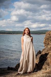 Haute qualité lin Maxi robe pour femmes naturel Avant Grade Boho Style écologique col bénitier poches plaine teint été lavable - Product Image 4