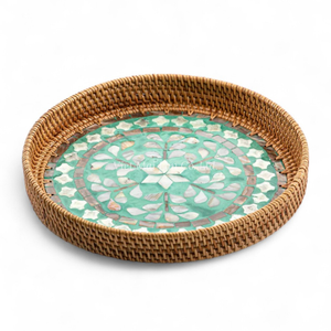 Bandeja Redonda de Ratán Estilo Bohemio Premium con Incrustaciones de Nácar, Diseño Flexible, Suministro al por Mayor para Hoteles, Restaurantes y Servicios de Catering - Product Image 2