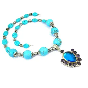 Collier de perles turquoise pour femmes, tendance, plaqué or, acier inoxydable, motif géométrique avec pendentif en pierre de quartz bleue - Product Image 1